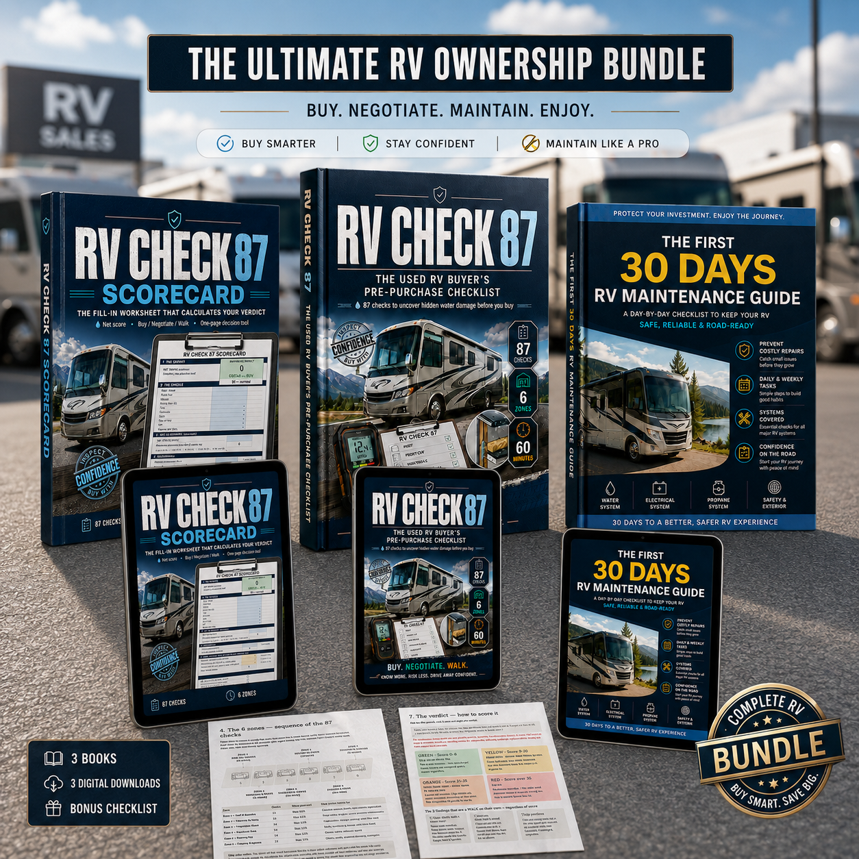 RV CHECK 87 complete bundle: main checklist, scorecard and first 30 days maintenance guide